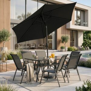 Zestaw Mebli Ogrodowych - 6 Krzeseł + Stół + Parasol