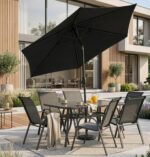Zestaw Mebli Ogrodowych - 6 Krzeseł + Stół + Parasol