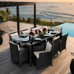 Zestaw Mebli Ogrodowych 8 osobowy - Stół + 8 krzeseł - Czarny/Beżowy